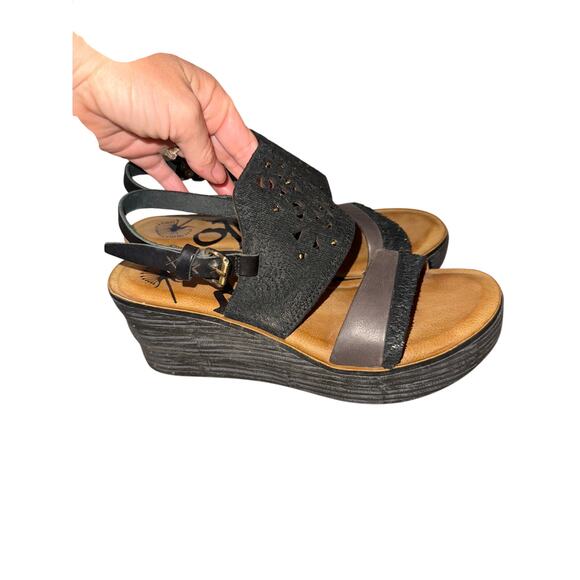 OTBT Black Leather Hippie Wedge Sandals Slingback Boho Style - Picture 3 of 6